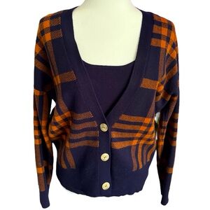 NWOT! Rachel Zoe Twin Button-Up Sweater Set Women’s Size M Orange Navy Plaid